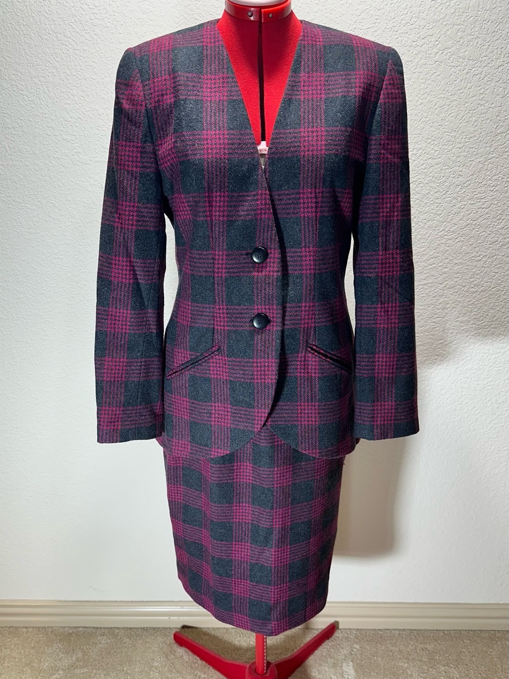 Vintage 90s Collarless Plaid Skirt Suit Set Pink Charcoal Gray Sz8 Dark Academia